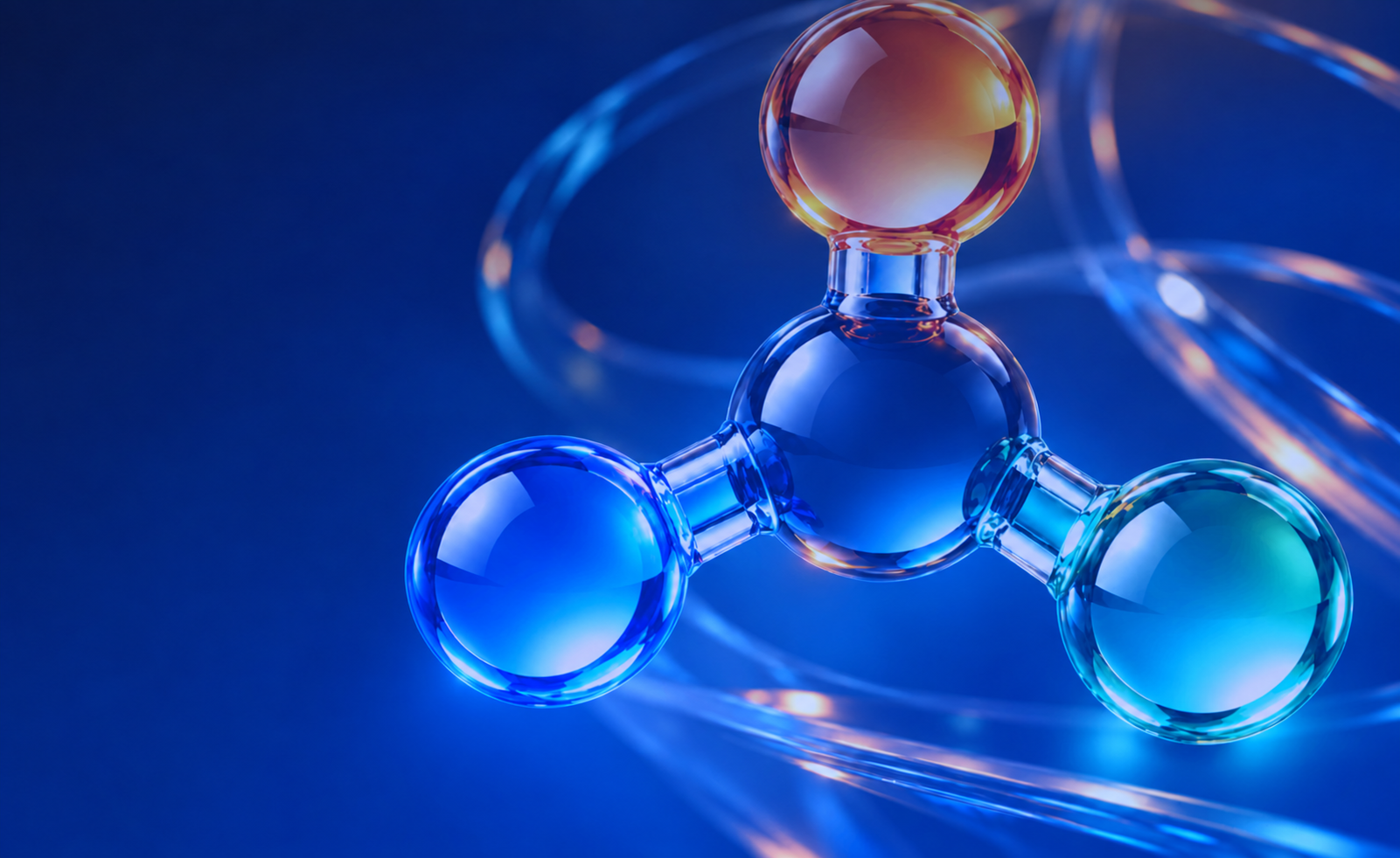 Orange, blue, and green glass spheres joined to a central hub