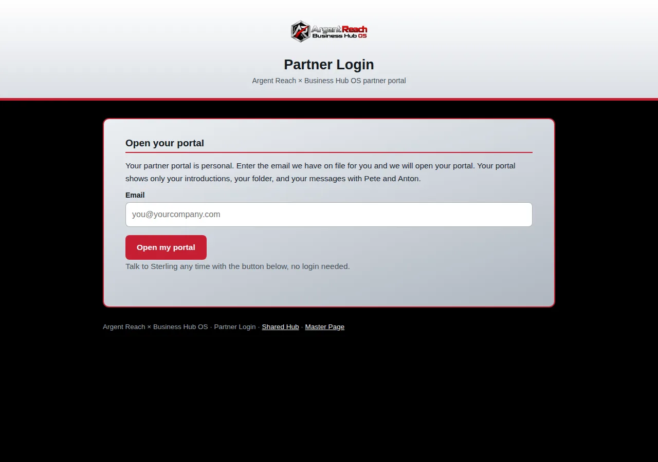 Partner Login: the Argent Reach partner portal login page