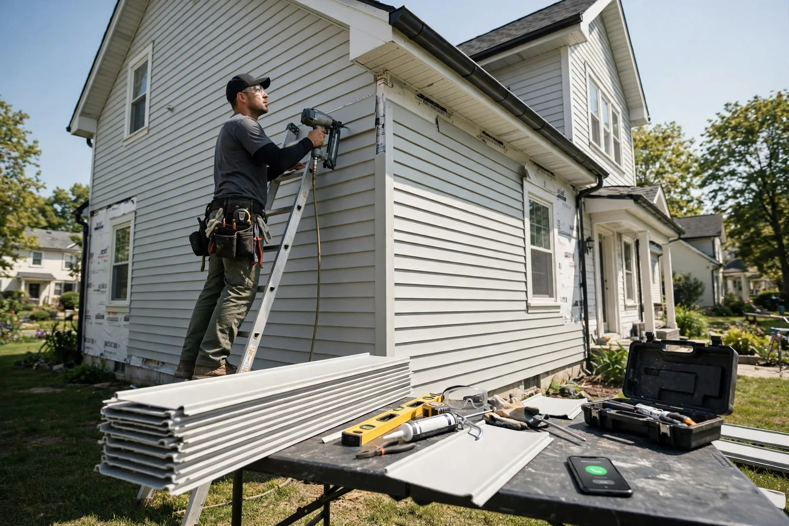 Photo of a siding contractor installing vinyl siding from a ladder while his phone rings on the work table below
