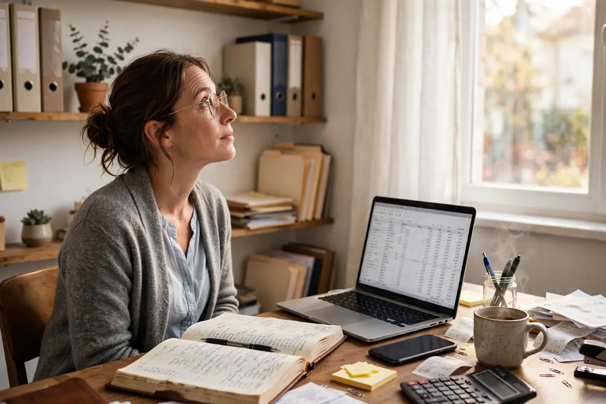 Bookkeeper at a desk in a bright office looking up as a new client inquiry arrives on her laptop and phone