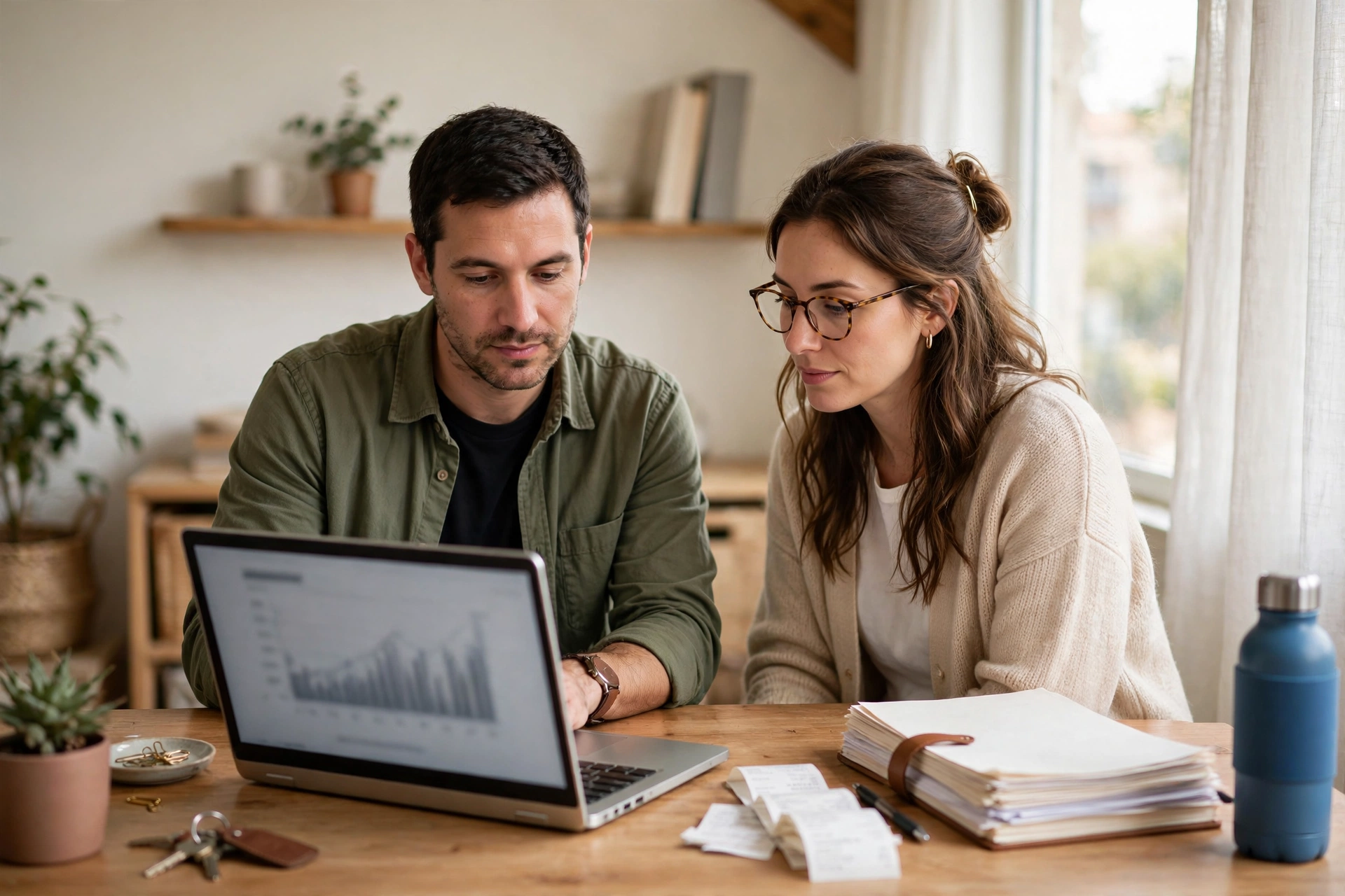 Business owner and bookkeeper reviewing the books together at a desk with a laptop, receipts, and a ledger