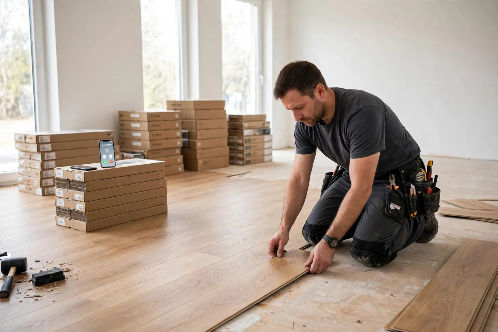 Photo of a flooring installer laying vinyl plank flooring while his phone rings on a stack of flooring boxes