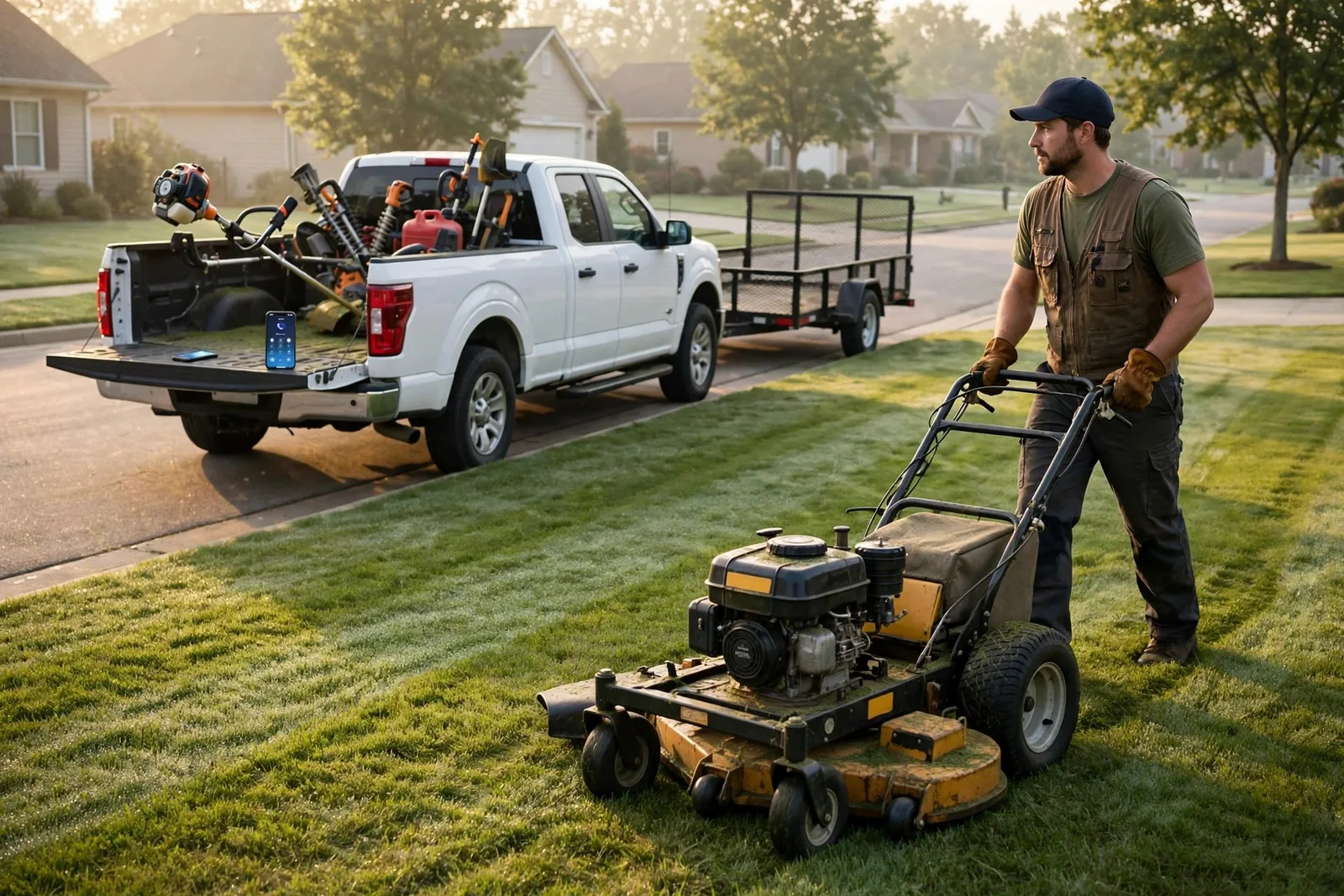 Photo of a landscaper mowing a striped green lawn while his phone rings on the truck tailgate