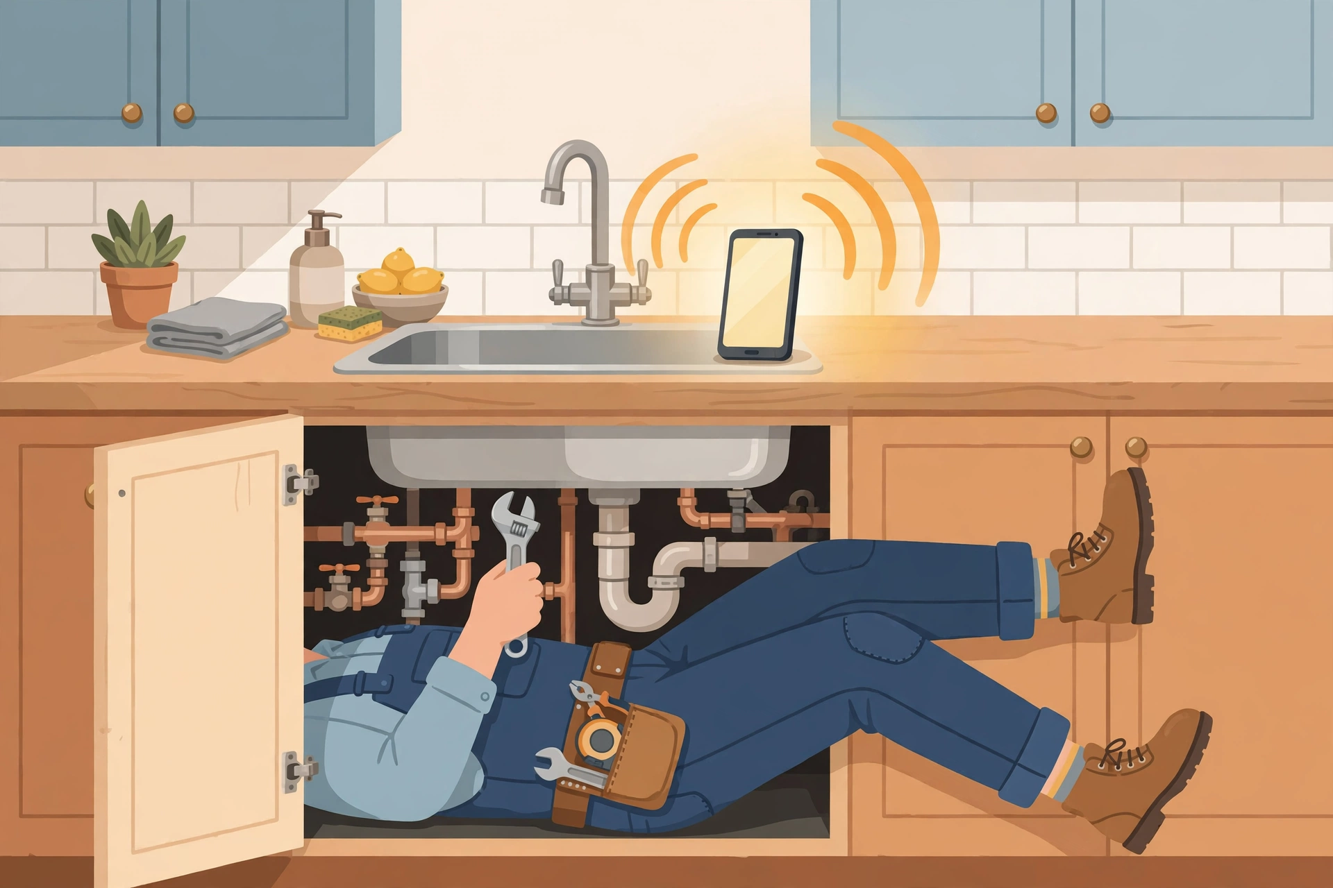 Plumber under a sink while his phone rings unanswered on the counter above