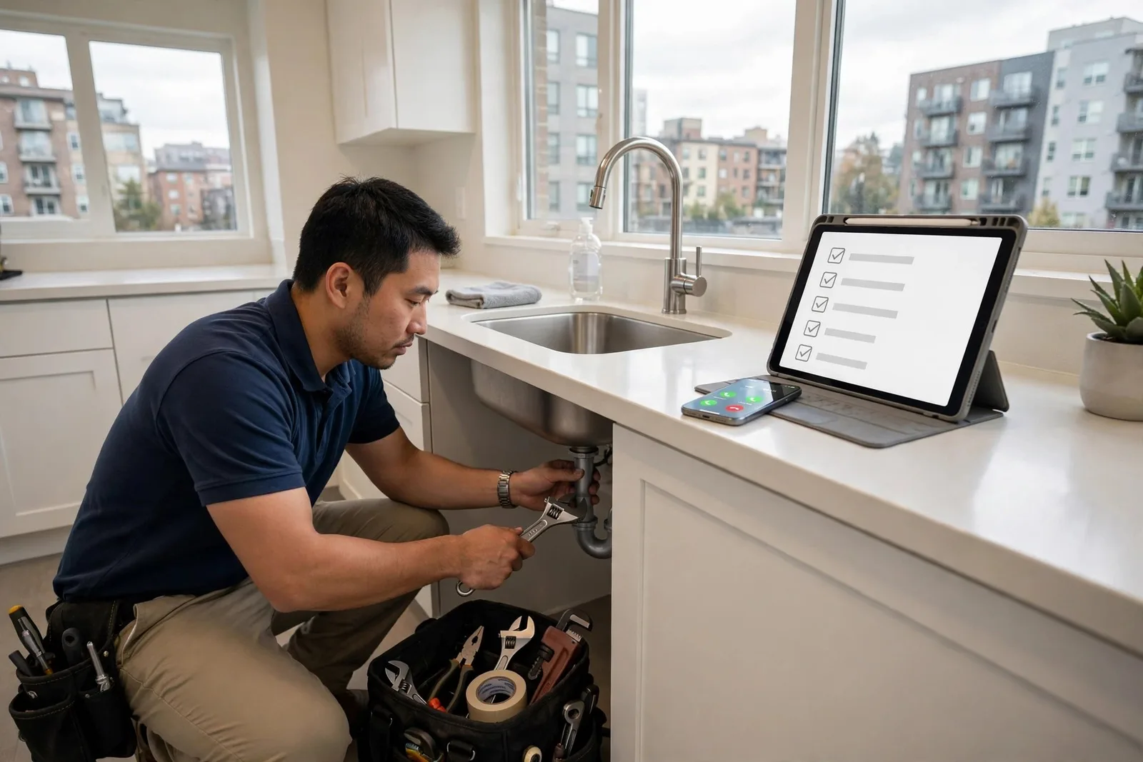 Photo of a maintenance technician repairing a faucet in a rental apartment while his phone rings on the counter