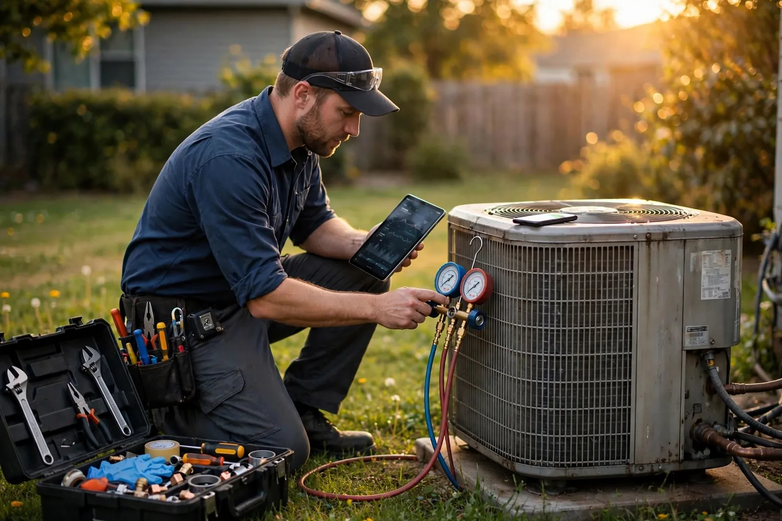 HVAC technician checking a residential air conditioning unit with gauges and a tablet while his phone rings on top of the unit