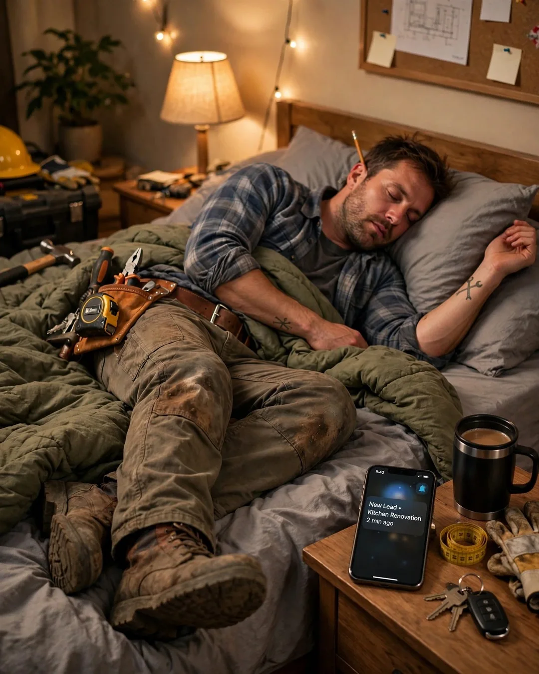 Contractor asleep at home after a long day, still in his work clothes, his phone lighting up with a new lead