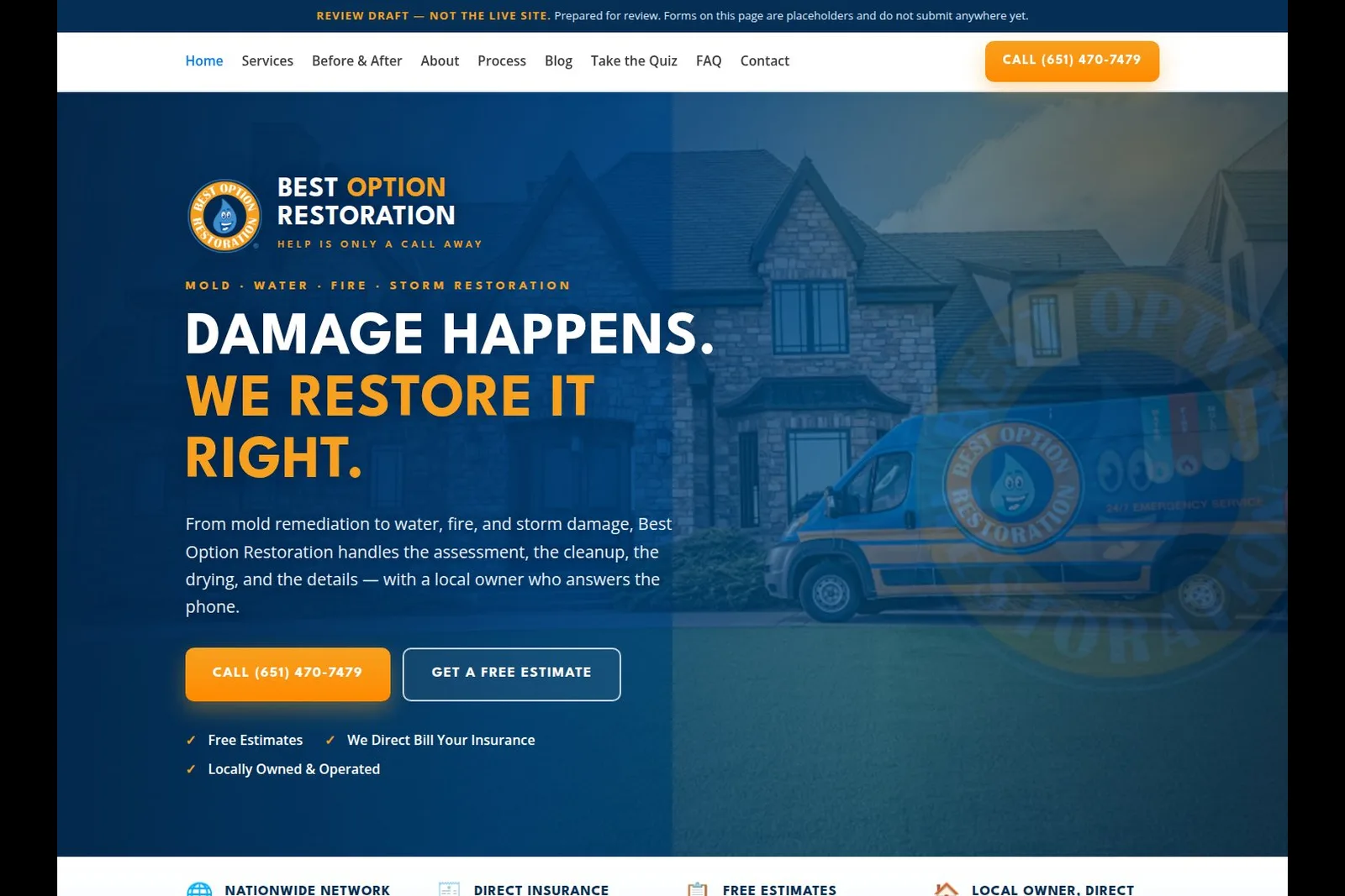 Screenshot of the Best Option Restoration location website preview built by Business Hub OS, showing the headline Damage Happens. We Restore It Right. and the branded service van