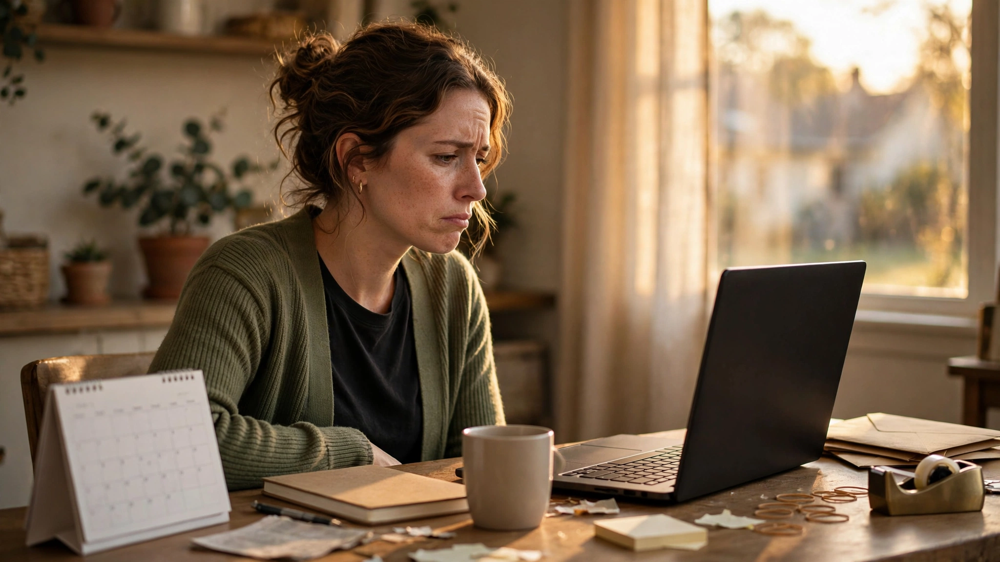 Business owner at a home office desk looking at a quiet laptop after a promotion went silent