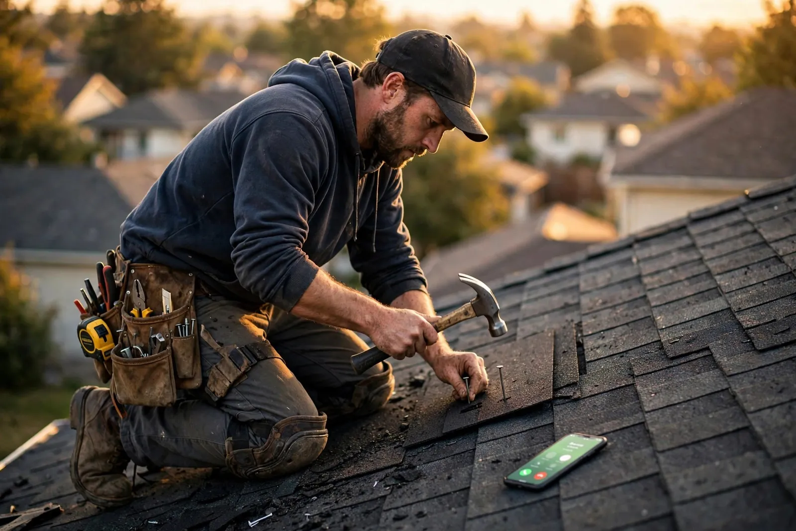 Roofer nailing shingles on a residential roof while his phone shows an incoming call on the shingles beside him