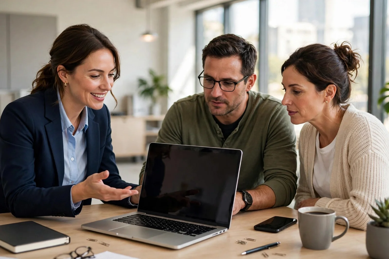 Photo of a health insurance agent in an appointment with a couple at her desk, reviewing a laptop while her phone sits on the desk beside her