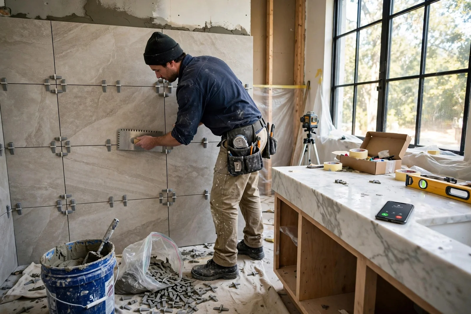 Photo of a bathroom remodeler setting tile on a shower wall while his phone rings on the vanity