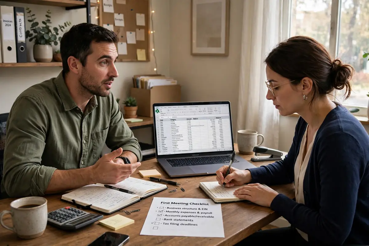 Business owner interviewing a bookkeeper across a desk with a notebook and checklist