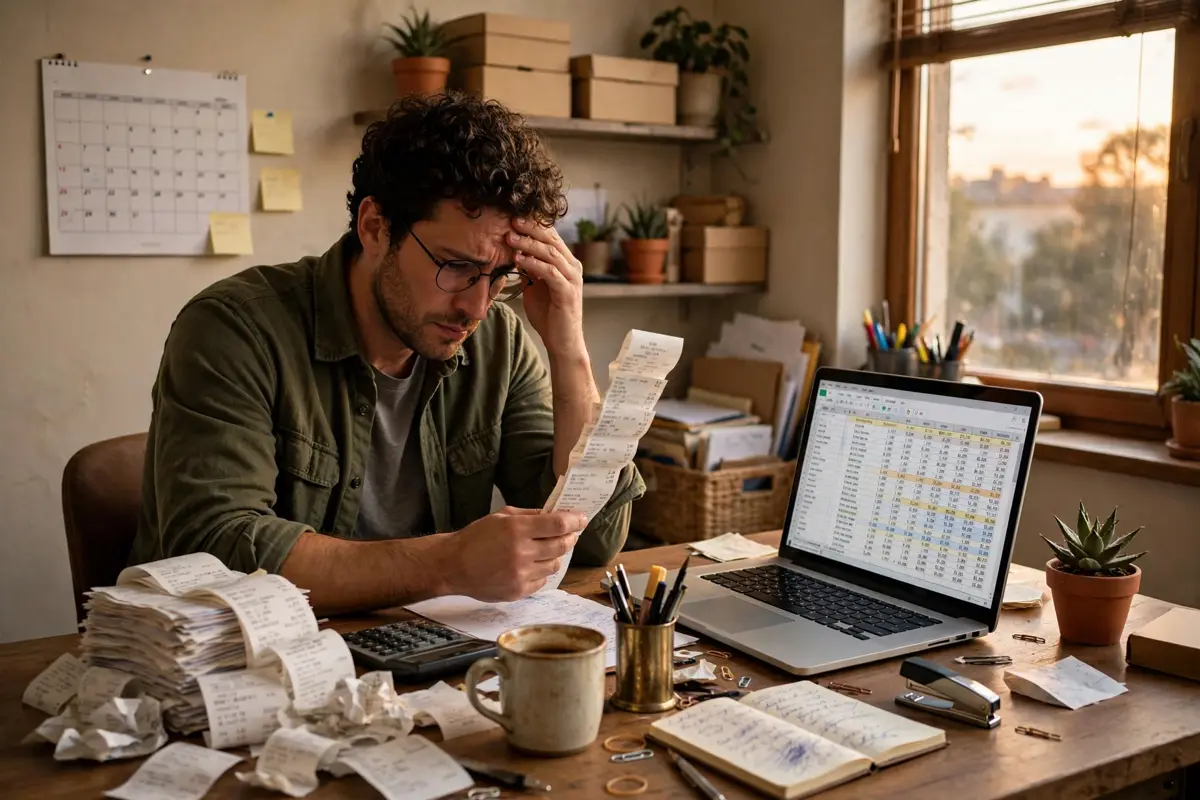 Small business owner at a desk covered in receipts, looking at a long receipt beside a laptop spreadsheet