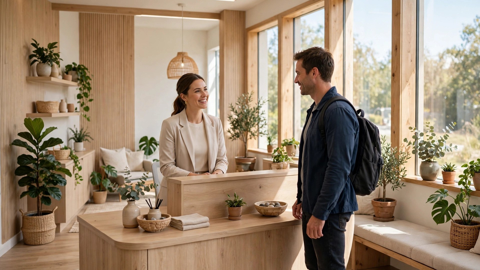 Photograph of a bright chiropractic reception area with a coordinator welcoming a patient at the front desk