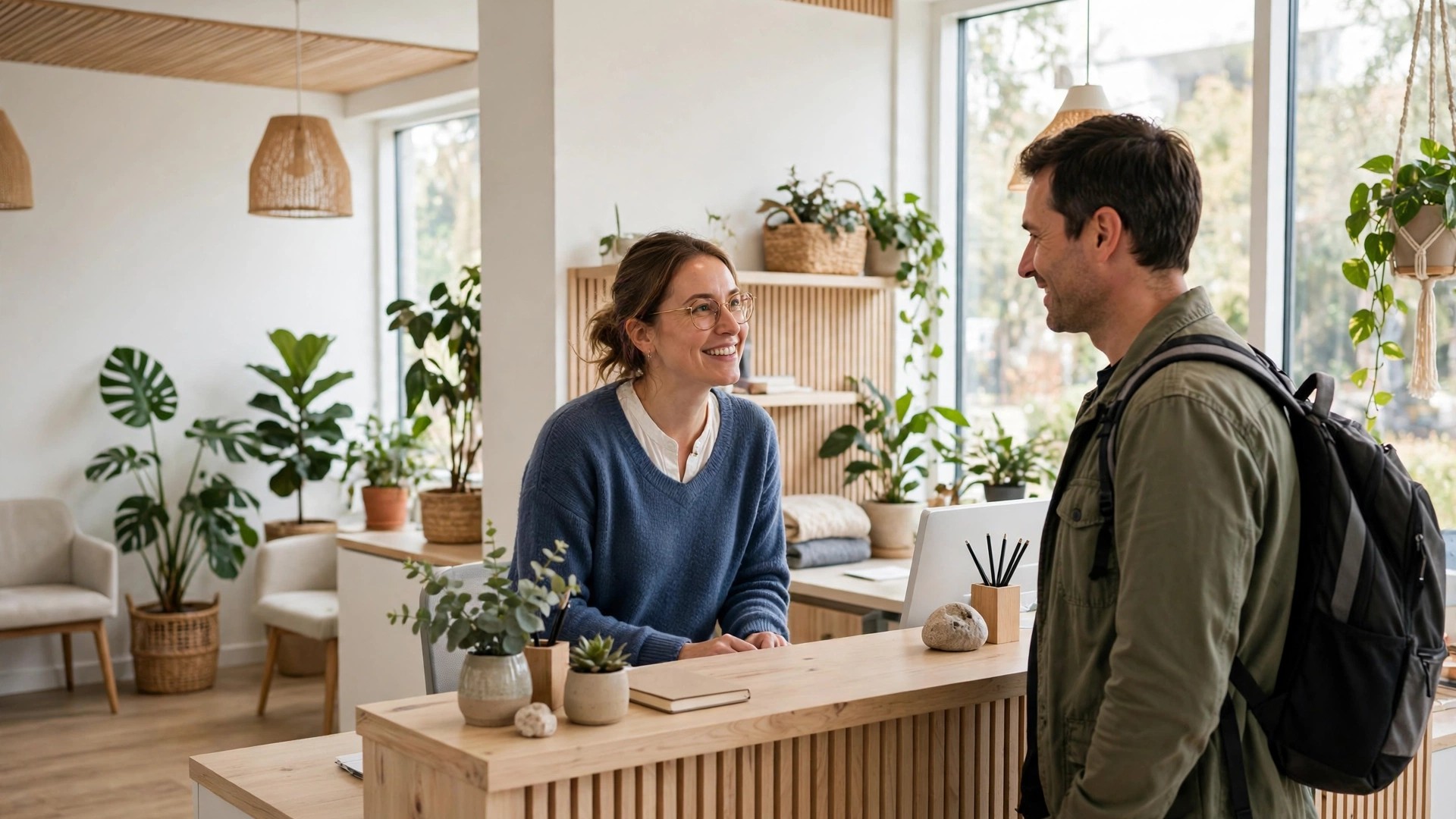 Photograph of a bright modern dental practice front desk, where a receptionist greets a patient