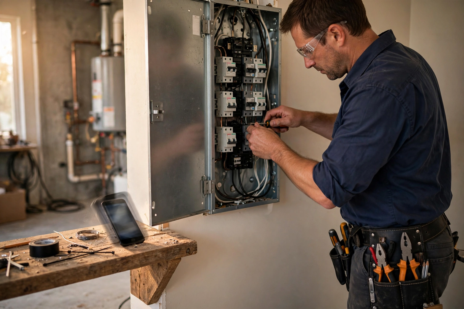 Photograph of an electrician working in an open breaker panel while his phone buzzes on a workbench nearby
