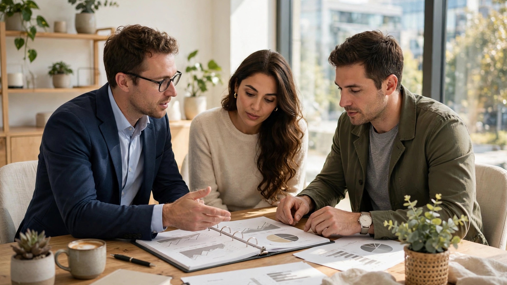 Financial advisor reviewing a plan with a couple at a bright office desk