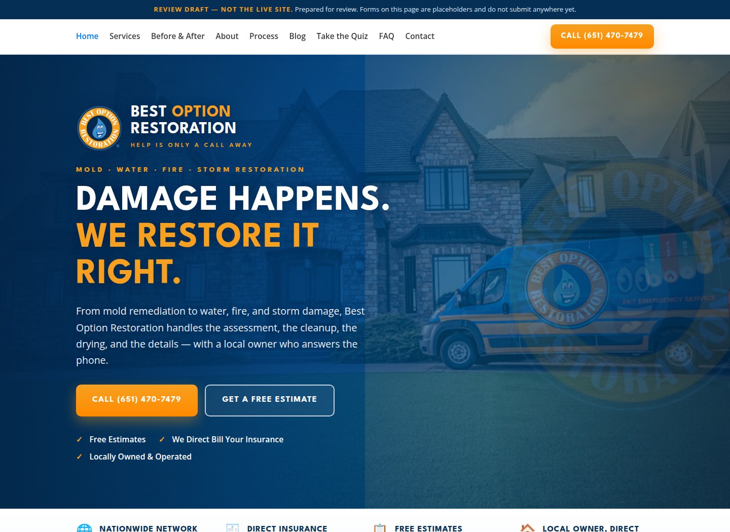 Screenshot of the Best Option Restoration website preview we built, with the headline Damage Happens. We Restore It Right. and the branded service van