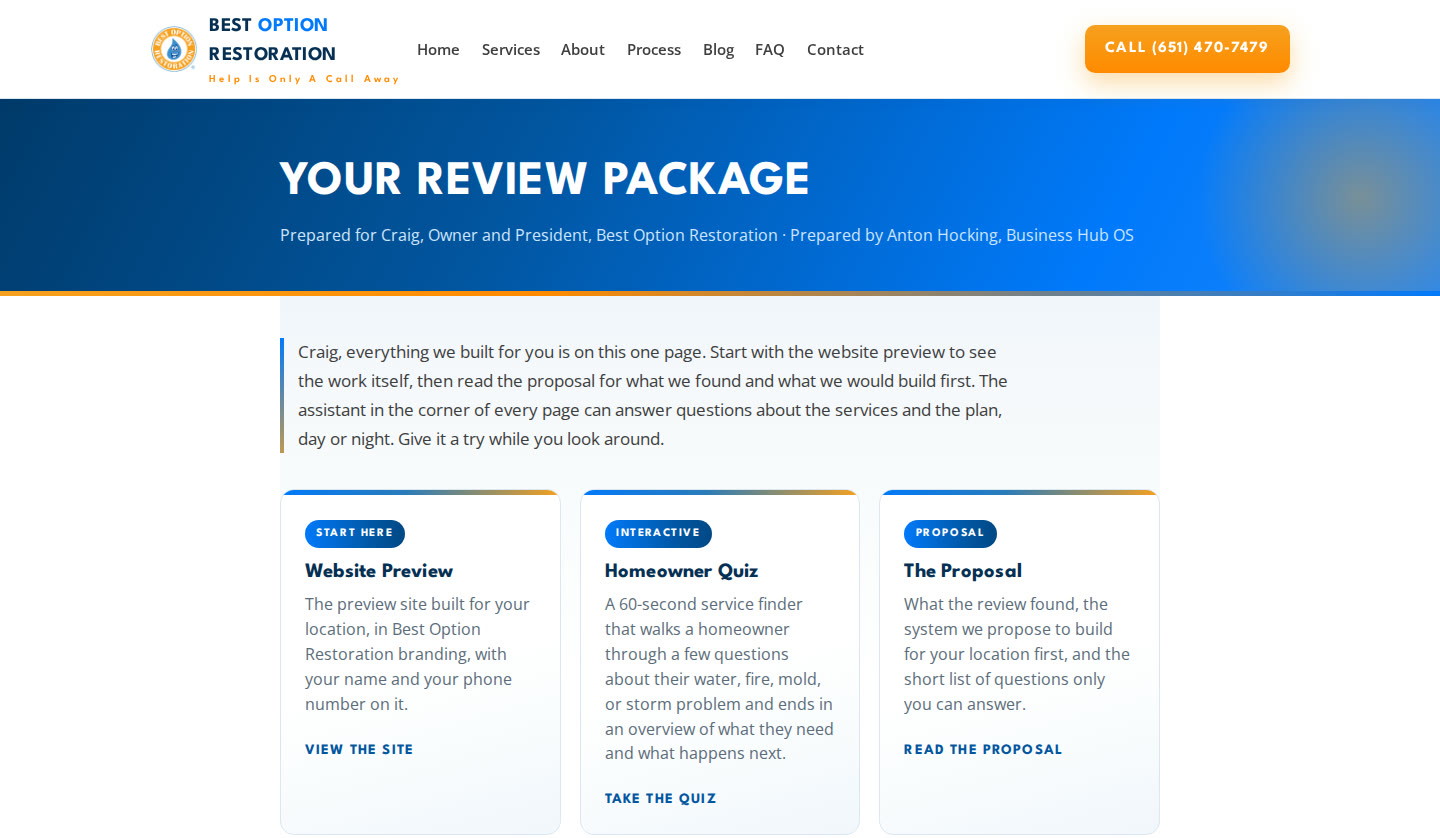 Screenshot of the Best Option Restoration review package page, gathering the website preview, homeowner quiz, proposal, audit, and blueprint in one place