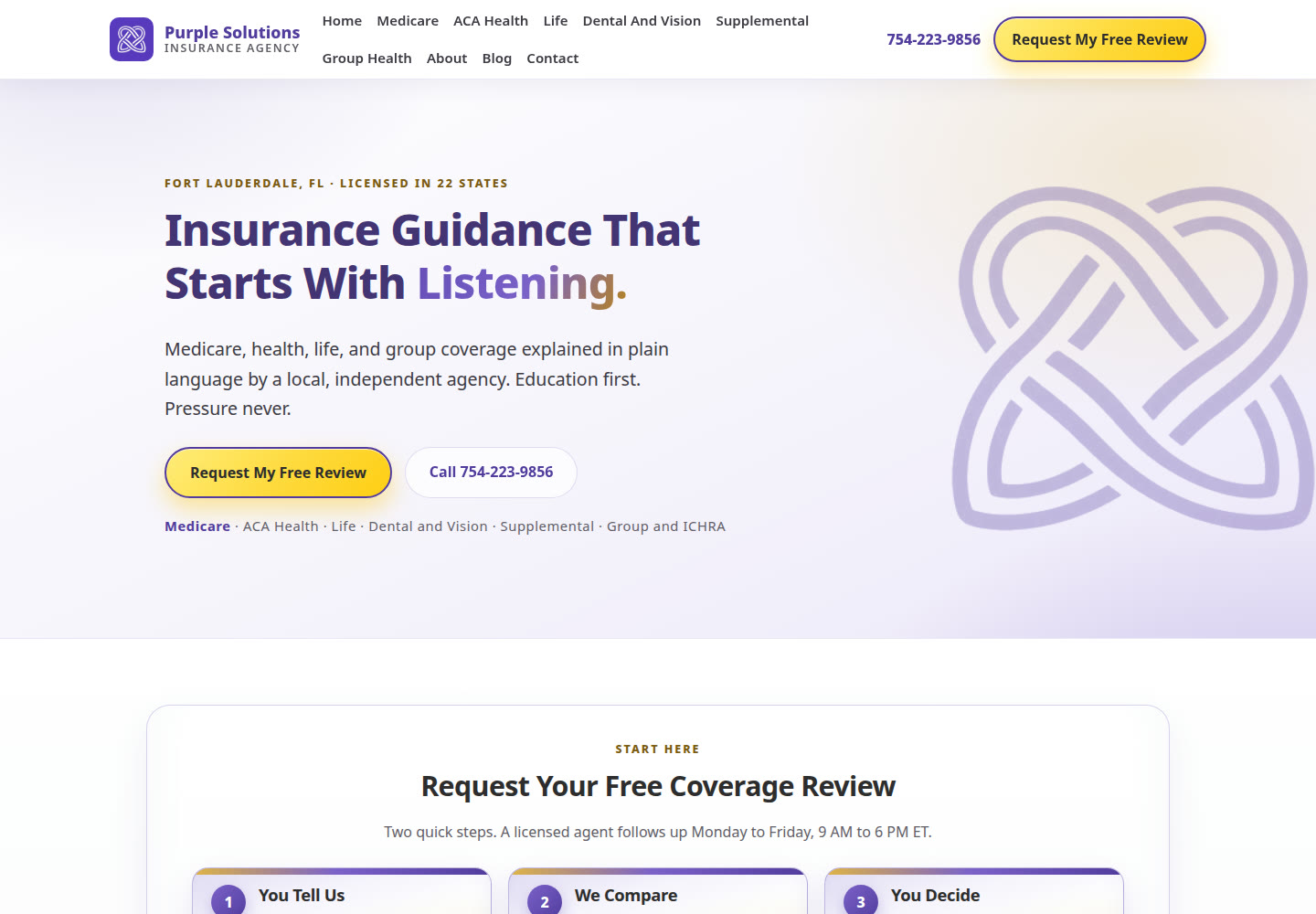 Screenshot of the Purple Solutions Insurance Agency website we built, with its Medicare and health coverage guidance and free coverage review