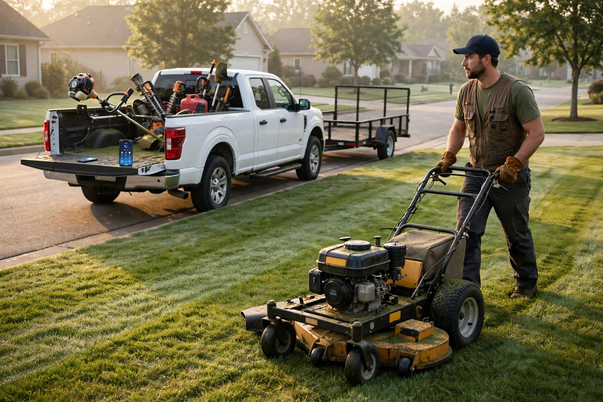 Photo of a landscaper mowing a striped green lawn while his phone rings on the truck tailgate