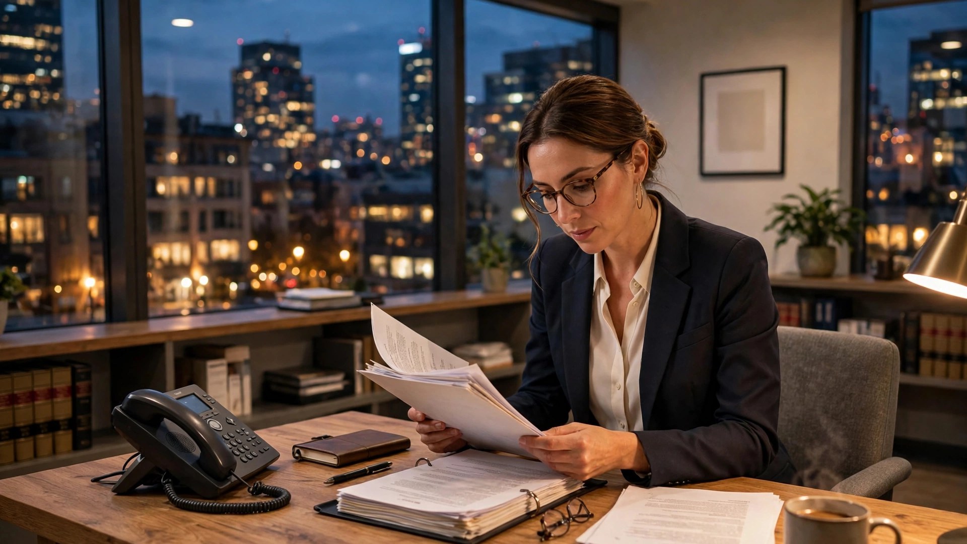 Photograph of an attorney reviewing a case file at her desk in the evening, a desk phone beside her and city lights in the windows behind her