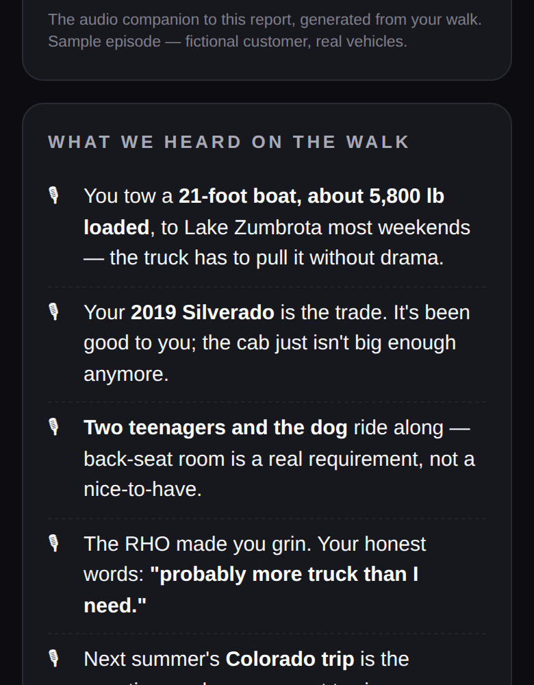 Visit Report excerpt: what we heard on the walk, in the customer's own words