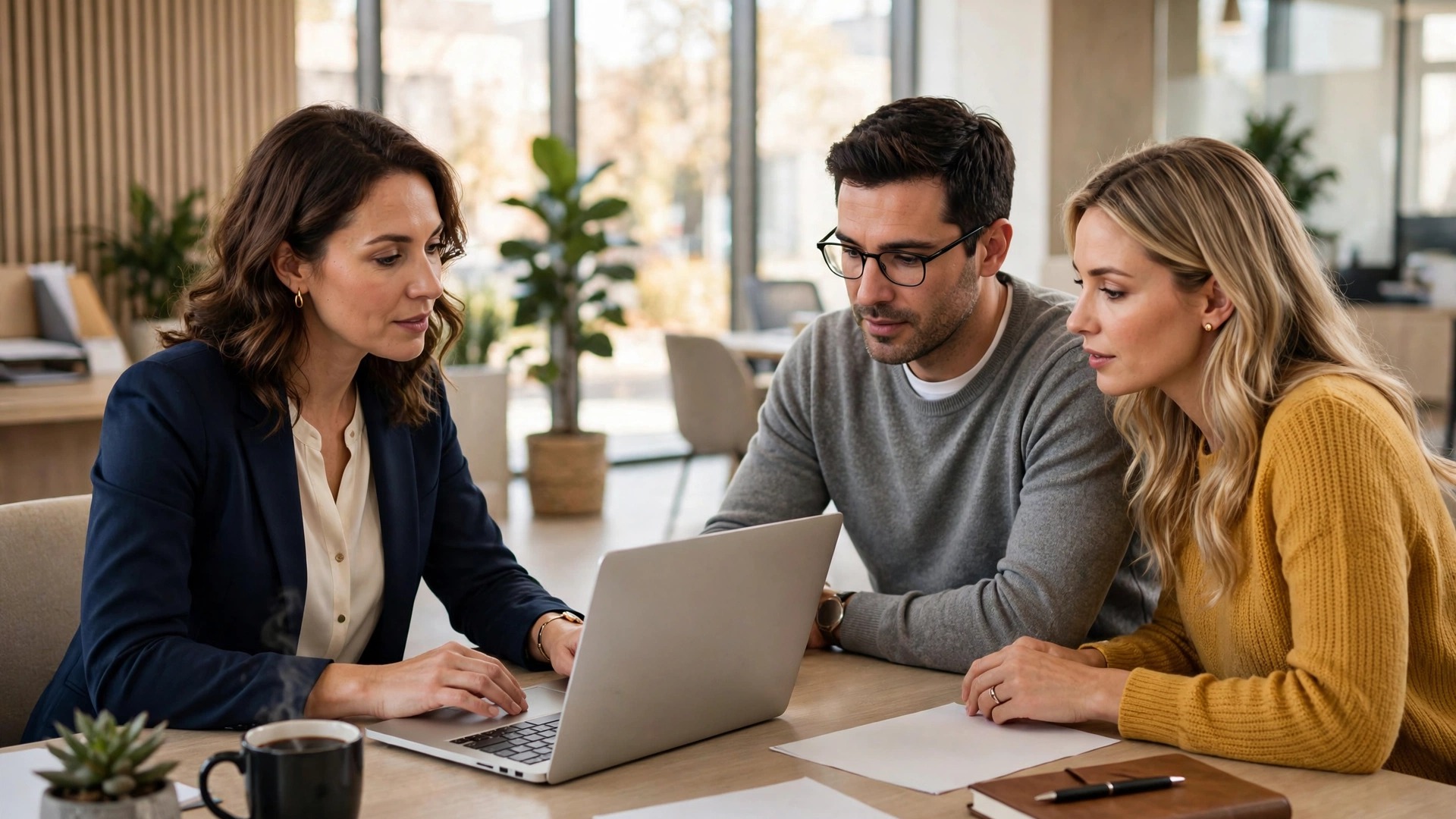 Photograph of a loan officer at a bright desk reviewing a laptop with a couple seated across the desk