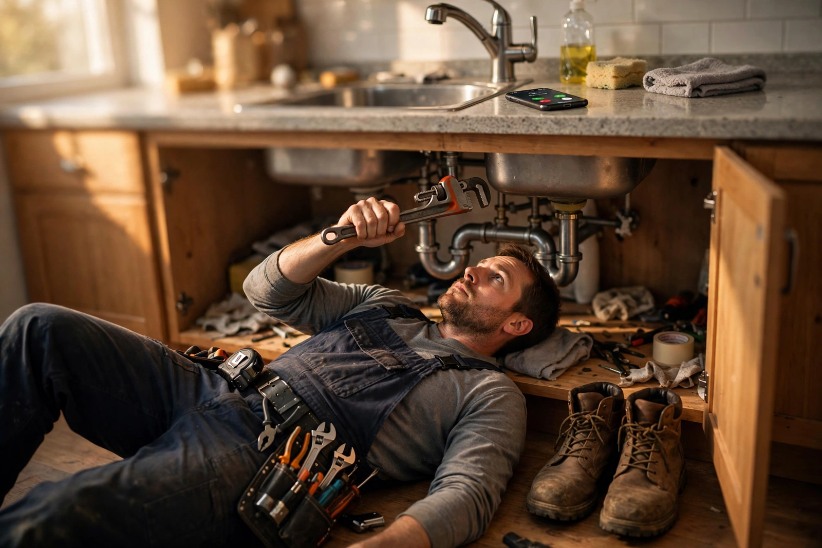 Photograph of a plumber lying on his back under a kitchen sink repairing the pipes while his phone rings on the counter