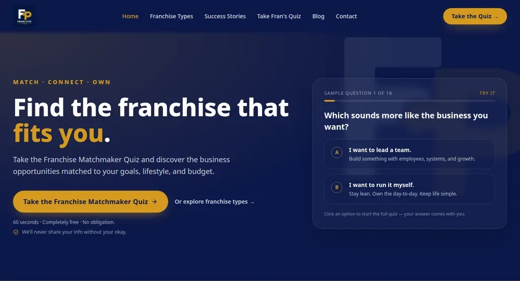 The Franchise Pro canonical website as a visitor finds it