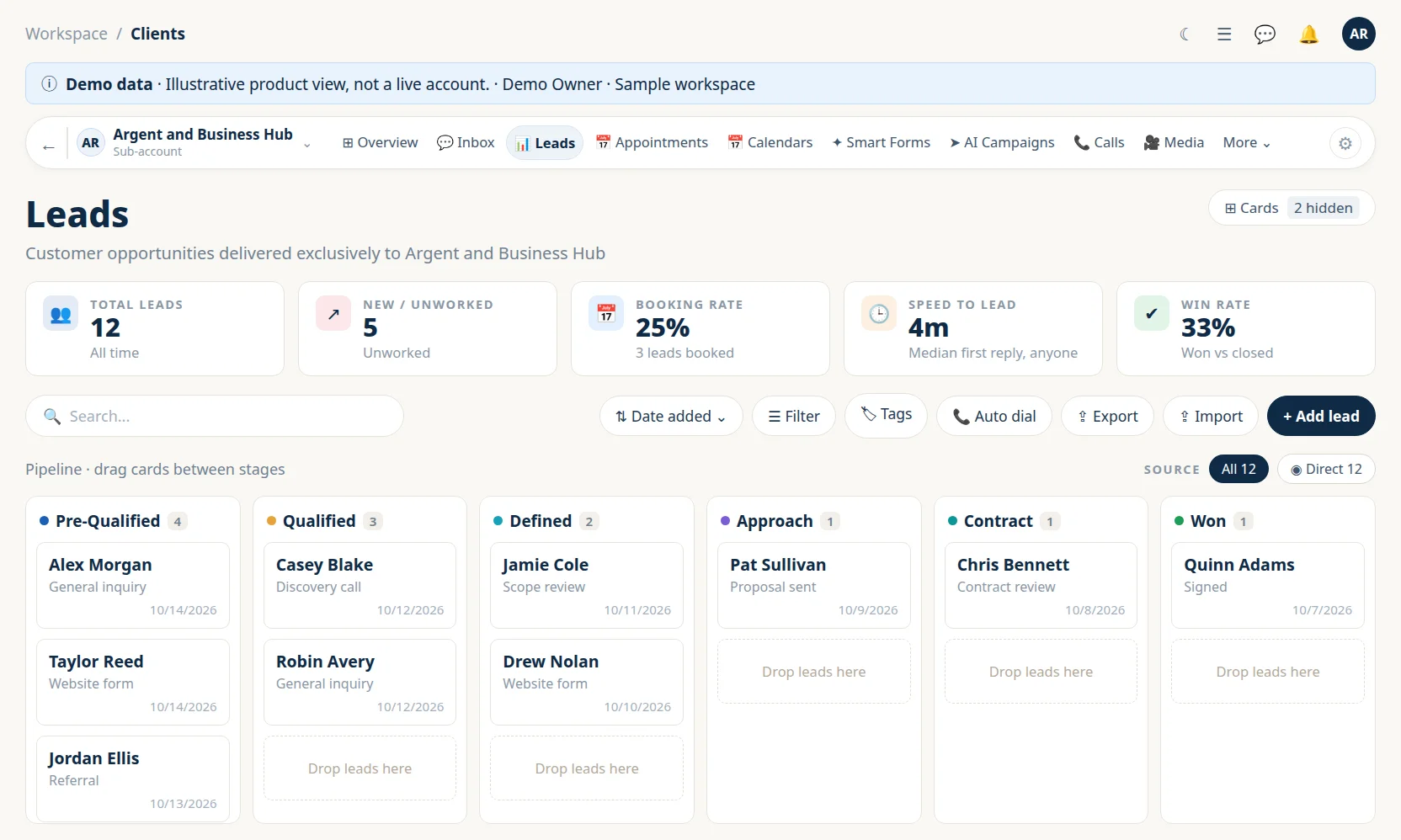 Argent Reach Mission Control &middot; pipeline view of the CRM