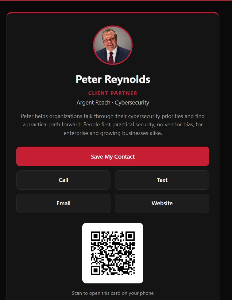 Pete Reynolds' virtual business card: contact buttons and QR code