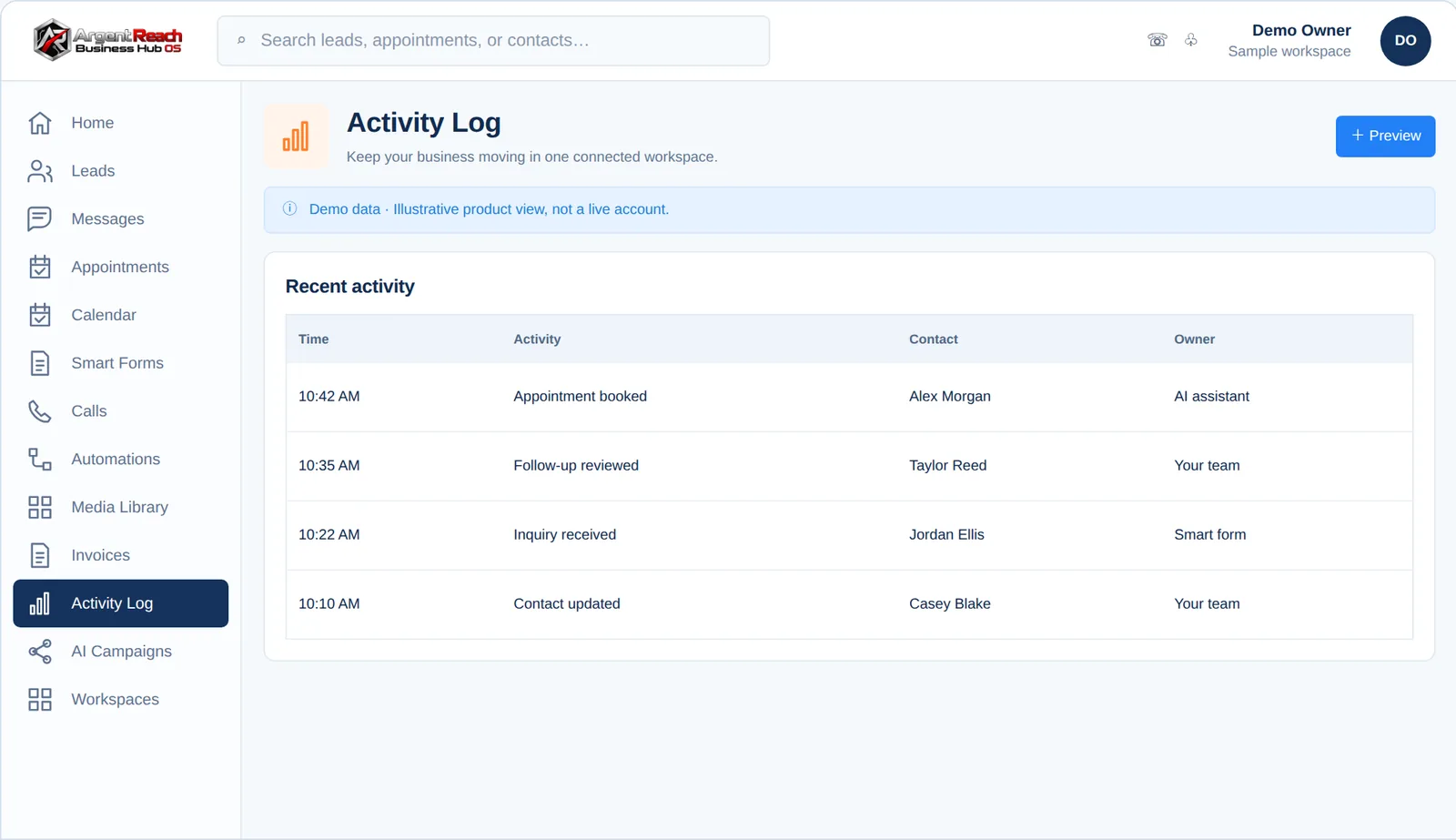 Argent Reach Mission Control &middot; Activity Log view