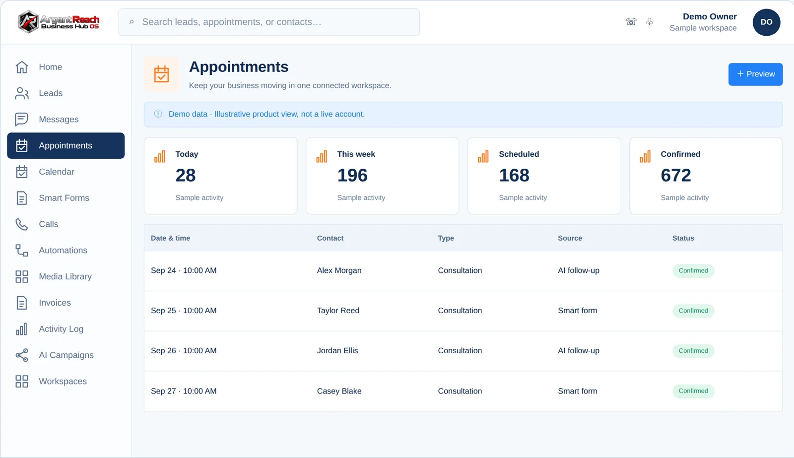 Argent Reach Mission Control &middot; Appointments view