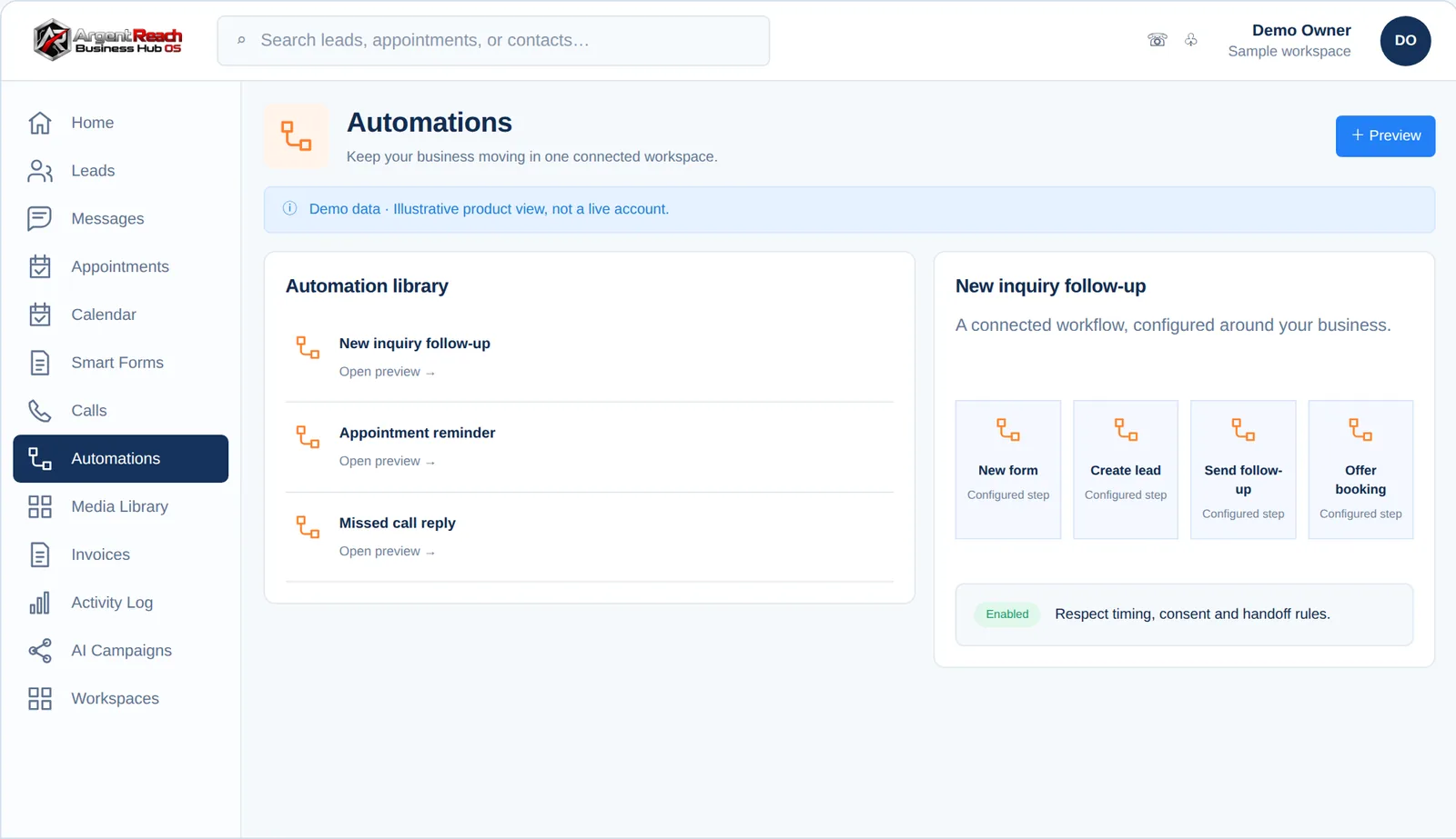 Argent Reach Mission Control &middot; Automations view