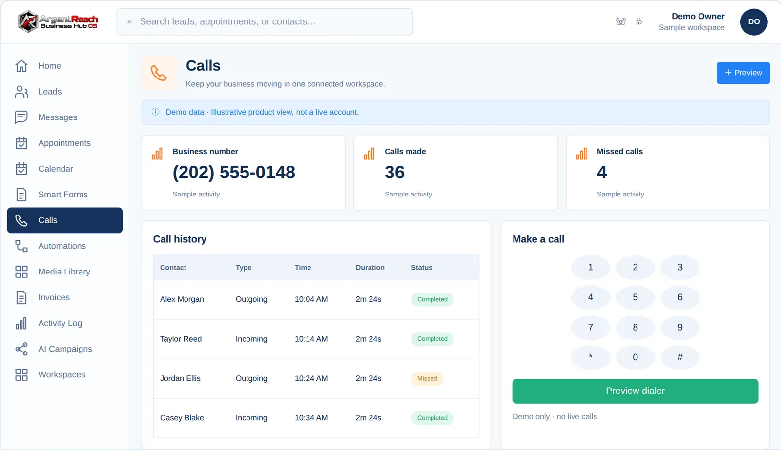 Argent Reach Mission Control &middot; Call Tracking view