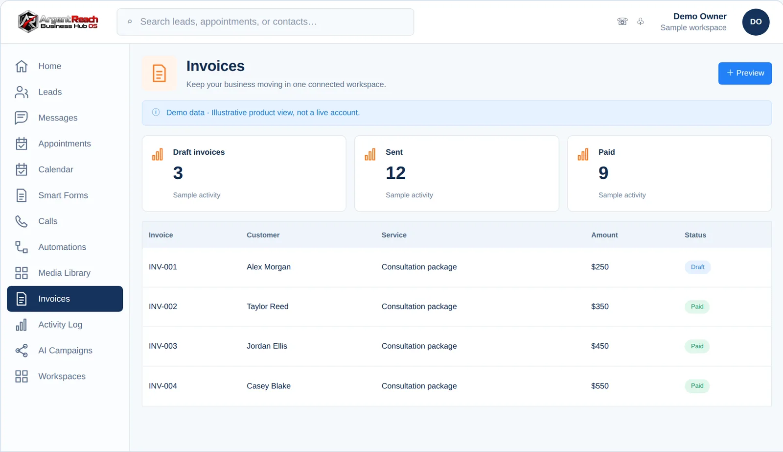 Argent Reach Mission Control &middot; Invoices view