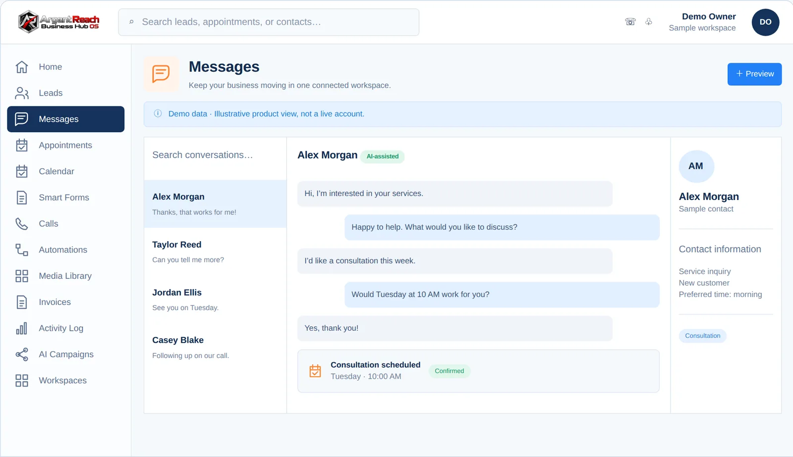 Argent Reach Mission Control &middot; Unified Messaging view