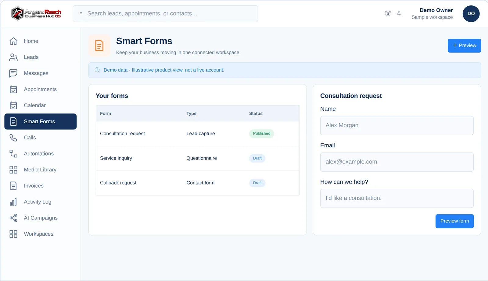Argent Reach Mission Control &middot; Smart Forms view