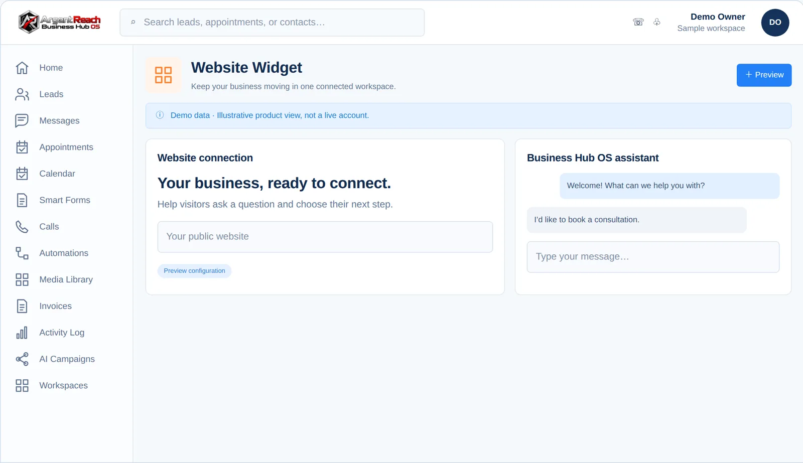 Argent Reach Mission Control &middot; Website Widget view