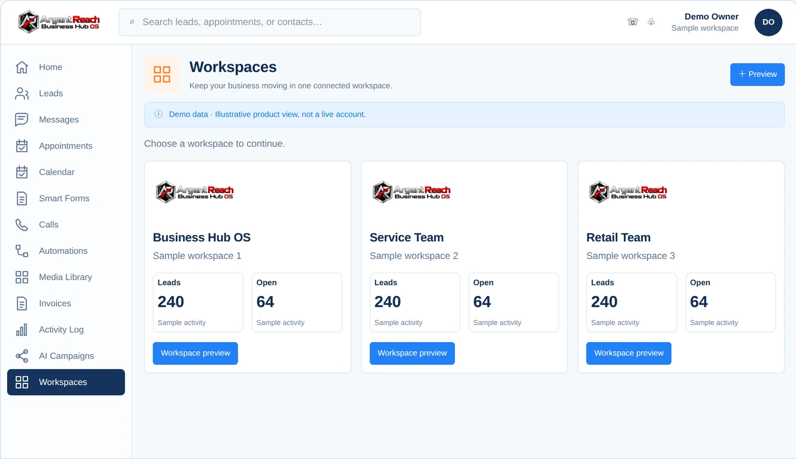 Argent Reach Mission Control &middot; Client Workspaces view