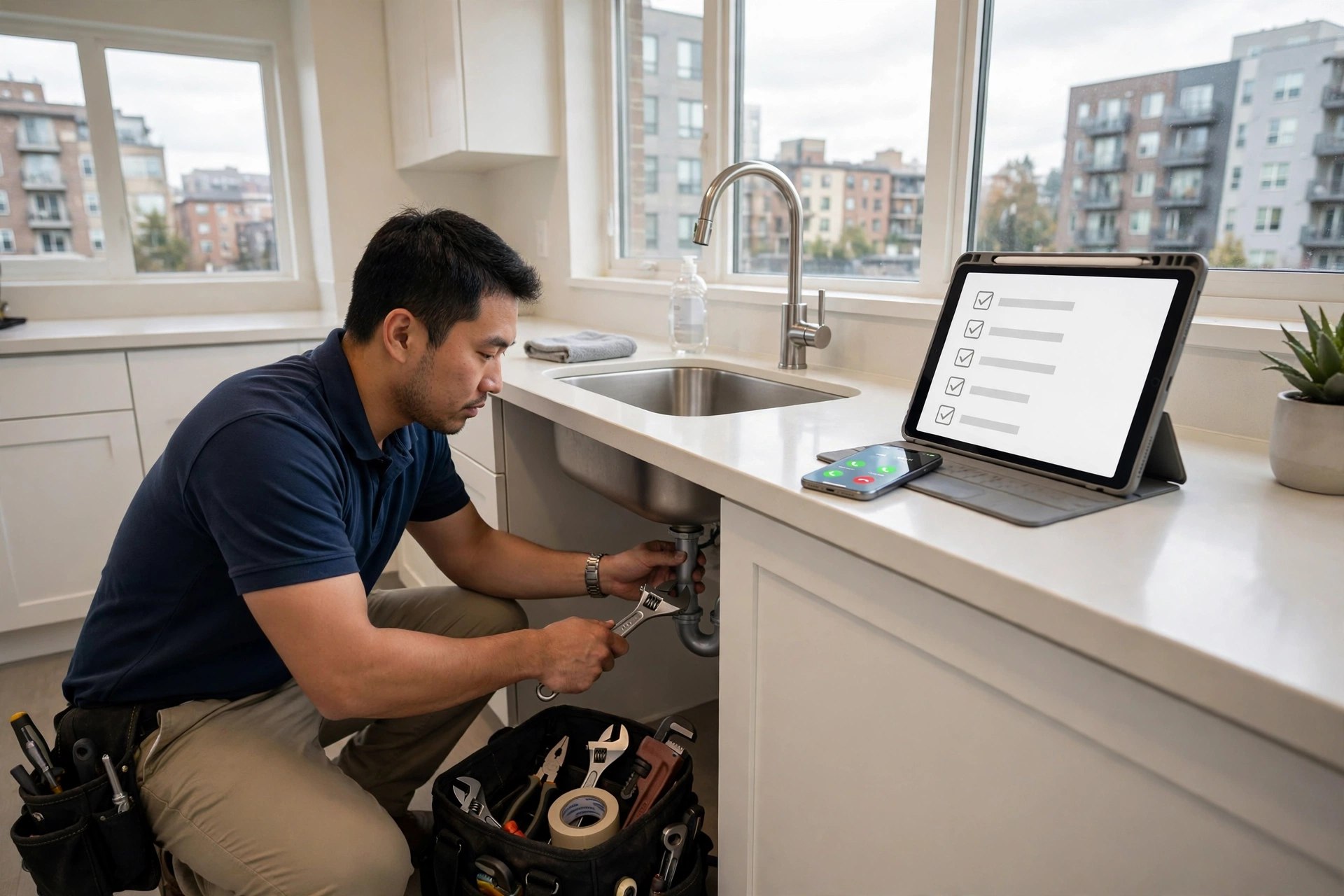 Photo of a maintenance technician repairing a faucet in a rental apartment while his phone rings on the counter