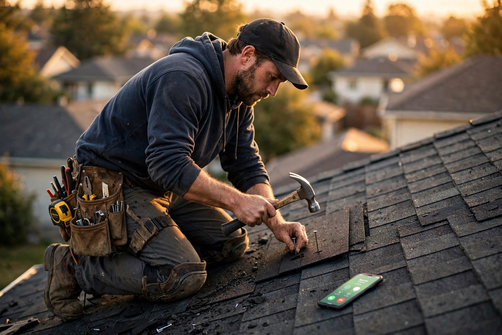 Photo of a roofer nailing shingles on a residential roof while his phone rings on the shingles beside him