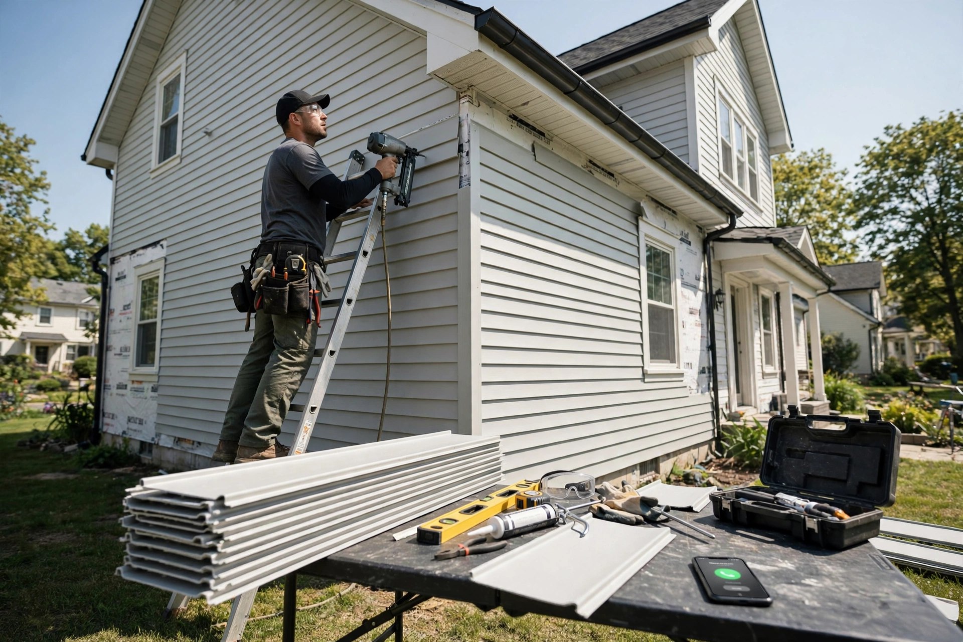Photo of a siding contractor installing vinyl siding from a ladder while his phone rings on the work table below